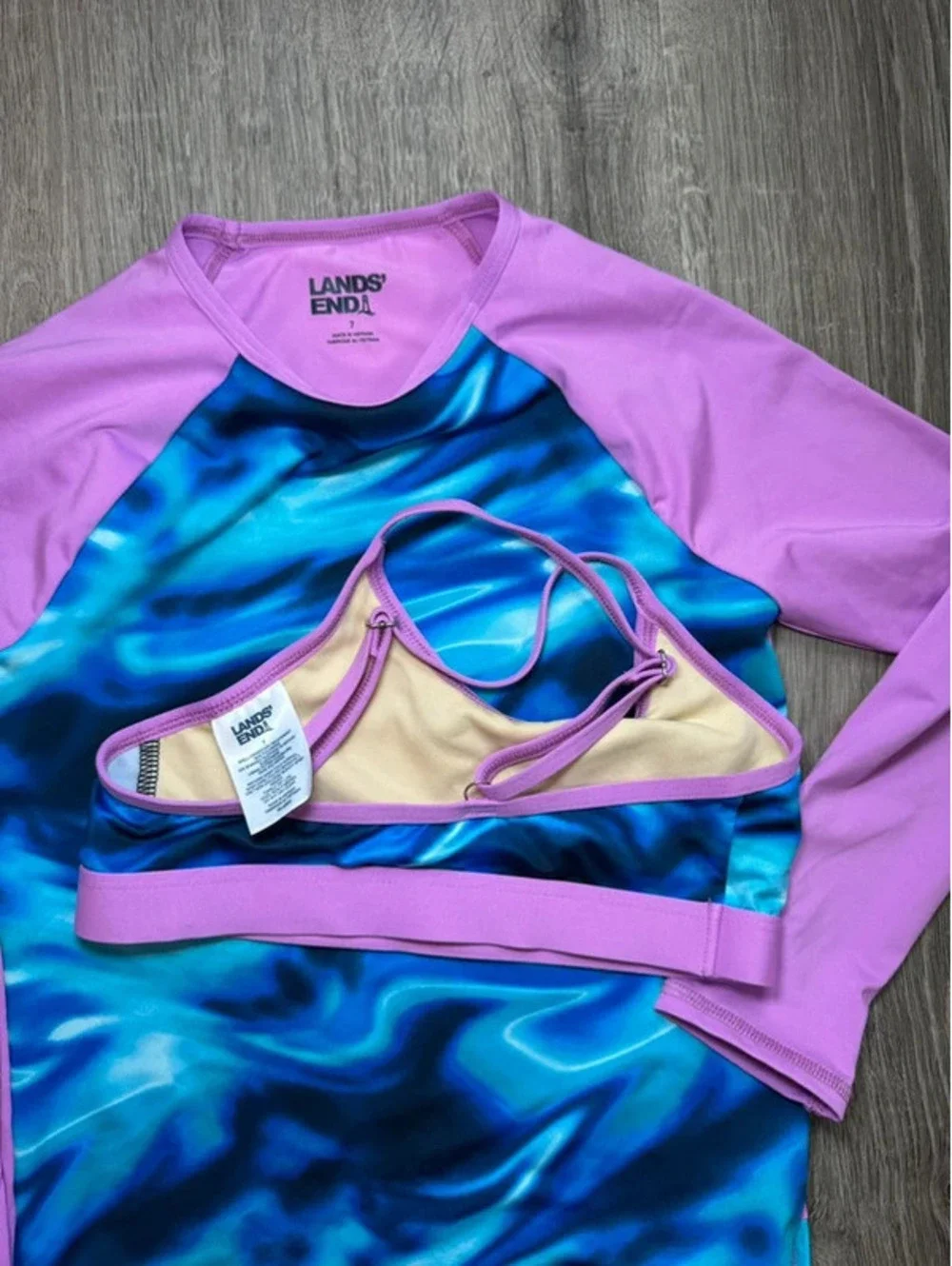 Lands' End Girl’s Three-Piece Rash Guard Swim Set - Blue and Pink, Size 7